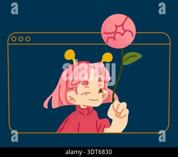 Winking girl character holding a flower inside a browser frame. Speech bubble with star icon represents idea and creativity in a digital setting. Stock Vector