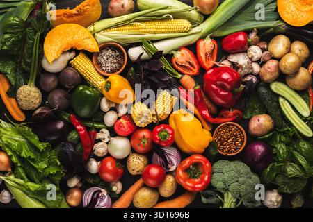 Collage of Fresh Vegetables Arranged in an Organized Collection on a Wooden Surface Stock Photo