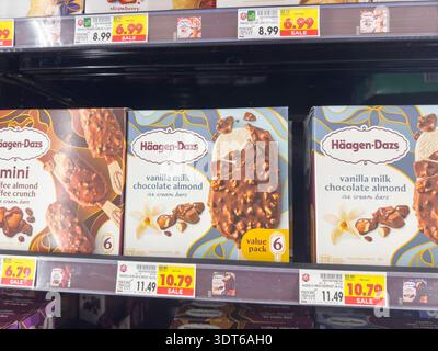 Los Angeles, California, United States - 08-14-2024: A view of several packages of Haagen-Dazs ice cream bars, at the store. Stock Photo