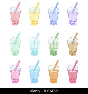 Large collection of various bubble tea flavors in plastic cups with straws and pearls. Cute pastel colors flat vector illustration set isolated on whi Stock Vector