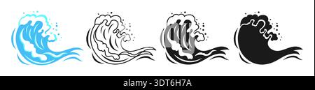 Sea Tsunami wave for logo. Water splashes, flowing abstract ocean linear and silhouette set. Wave with foam icons graphic dynamic liquid motion, modern marine elements fluid aquatic forms illustration Stock Vector