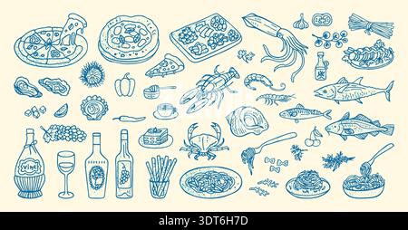 Hand drawn Mediterranean food illustration set inspired by Italian and Spanish cuisine. Summer coastal mood with wine and seafood. Minimal grunge line art and vintage doodle style, southern atmosphere Stock Vector