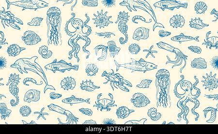 Underwater Marine Life Grunge Hand Drawn Seamless Pattern, Doodle Ocean Mediterranean. Octopus, seahorse shell fish crab, lobster starfish seashells coastal ocean retro mood Background design Stock Vector