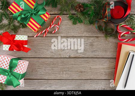 Collage of Gifts Arranged on Wooden Table With Decorations for Holiday Celebrations Stock Photo