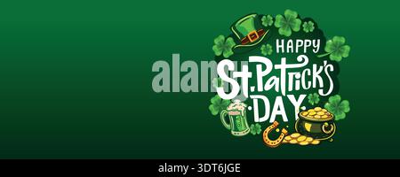 Bright festive Saint Patricks Day illustration with Happy St Patricks Day lettering, green leprechaun hat, shamrock clovers, beer mug, pot of gold and Stock Vector