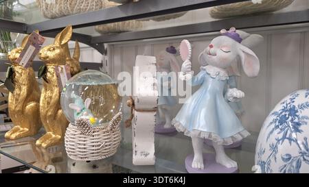 Niagara Falls, ON, Canada - February 15, 2026: The image shows Easter decorations, including bunny figures and a snow globe, displayed on a store shel Stock Photo