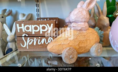 Niagara Falls, ON, Canada - February 15, 2026: The photo shows charming Easter decorations, including bunnies and a "Happy Spring" sign. Stock Photo