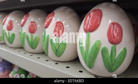 Niagara Falls, ON, Canada - February 15, 2026: Easter eggs with tulip designs sit on a shelf, ready for holiday decorations or springtime celebrations Stock Photo