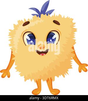 Fluffy yellow plush monster smiling with big eyes, tiny limbs and soft fur, standing on white background, Stock Vector