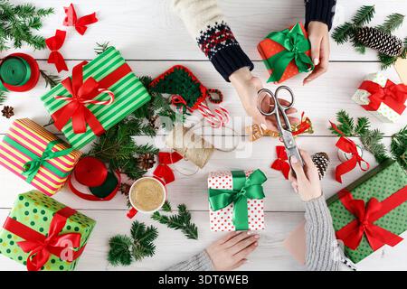 Collage of Gifts and Festive Items During a Holiday Wrapping Session at Home Stock Photo