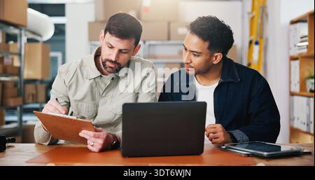 Review, checklist or people in office of small business, sales progress or parcel shipping for logistics. Check report, entrepreneur team or men Stock Photo