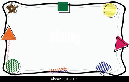 Whimsical and colorful abstract border design with playful geometric shapes like triangles circles and squares adorned with quirky graphic elements Stock Vector