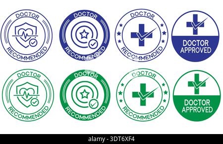 Collection of eight doctor recommended and approved badges and stamps featuring medical crosses shields with heartbeats and stars in blue and green Stock Vector