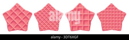 Vector pink star waffle, cream wafer texture, candy biscuit. Belgian illustration and pattern food chocolate, cartoon logo stroopwafel. Cake breakfast Stock Vector