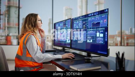 Female Engineer Checking Efficiency On Multiple Screens In Energy Control Room. Stock Photo