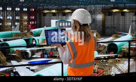 Aerospace Engineer Using SCADA Software In Factory Inspects Aircraft Control Panel Stock Photo