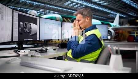 Sad And Frustrated Engineer Troubleshoots Software On Airport Manufacturing Line. Stock Photo