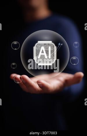 AI bubble concept. Hand holds artificial intelligence chip inside transparent bubbles. Artificial intelligence technology investment burst, financial Stock Photo