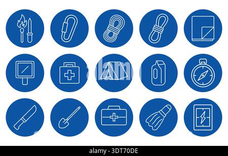 A collection of essential icons representing outdoor adventure gear, focusing on safety and preparation. Features tools like knives, compasses, and me Stock Vector