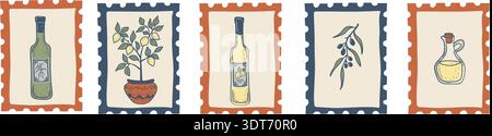 Vintage hand drawn postage stamp set with Italian food icons: olive, olive oil bottle, lemon, tomato, pasta, seafood and Mediterranean cuisine style. Stock Vector