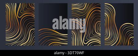 Set of posters with smooth golden lines on dark backgrounds. Ideal for luxury interiors, graphic displays, and high-end wall design. Stock Vector