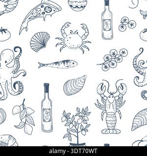 Seamless picnic themed pattern with pizza, fruit, wine and Italian food icons drawn in a casual doodle style. Stock Vector