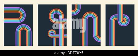 Energetic groovy rainbow backgrounds with flow, curve, and line variations. Perfect for retro, 70s, or summer themes. Stock Vector
