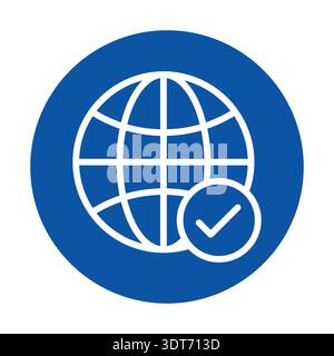 This graphic features a globe icon with a checkmark, symbolizing verified global connectivity and secure digital communication. Ideal for tech-related Stock Vector