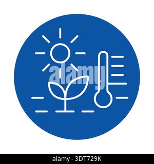 A vibrant blue circular graphic illustrating a sun, plant, and thermometer, symbolizing growth and environmental conditions, perfect for themes of nat Stock Vector