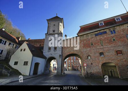 Historic city gate with red brick tower against bright blue sky, Landsberg am Lech, Bavaria, Germany Stock Photo