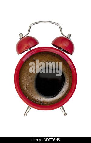 Retro red alarm clock with black coffee in middle. Coffee time concept Stock Photo