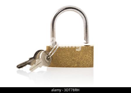 Unlocked golden padlock and keys isolated on white background Stock Photo