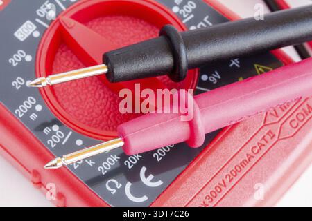 Closeup of digital multimeter with two probes connected Stock Photo