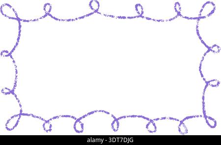 Crayon doodle scalloped frame. Chalk wavy hand drawn border. Purple cute rectangle photo frame with crayon texture. Wavy sketch line mirror border Stock Vector
