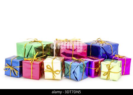 Pile of colorful gift boxes on the white background Stock Photo