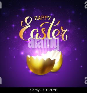 Happy easter greeting card. Broken golden easter egg with rays of light on dark purple background. Shine of gold. Bokeh, the glow from cracked golden Stock Vector