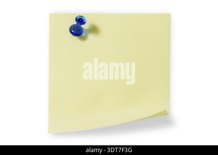 Blank yellow sticky note with blue push pin isolated on white background Stock Photo