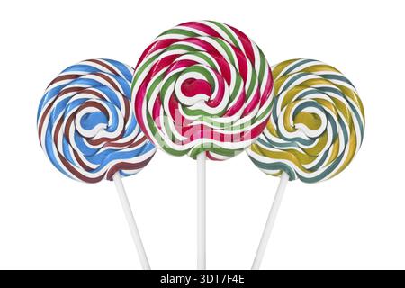 Three colorful spiral lollipops isolated on white background Stock Photo