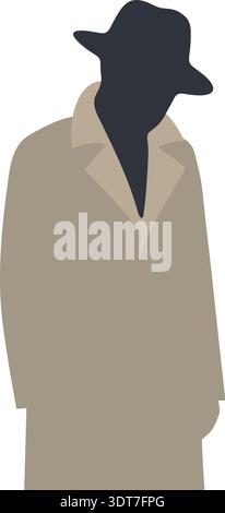 Minimal silhouette illustration of a person in a trench coat and hat in muted tones Stock Vector
