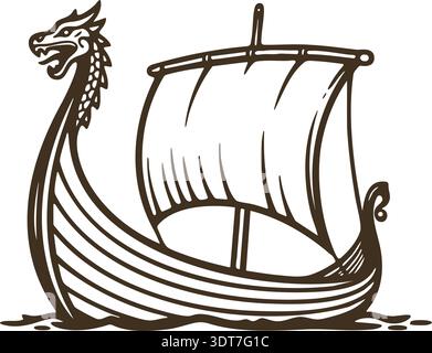 Hand drawn line illustration of a Viking style longship with sail and dragon prow Stock Vector