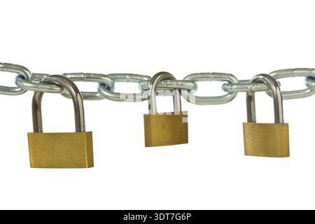 Three yellow padlocks hung on metal chain. isolated on white background Stock Photo