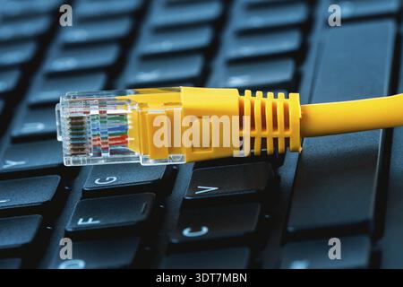 Network access technology concept. Internet lan cable on a desktop keyboard.Online forbidden resource conceptual Stock Photo