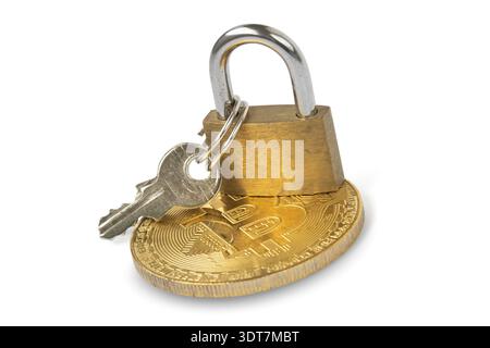 Gold bitcoin with padlock on white background. Cryptocurrency security concept Stock Photo