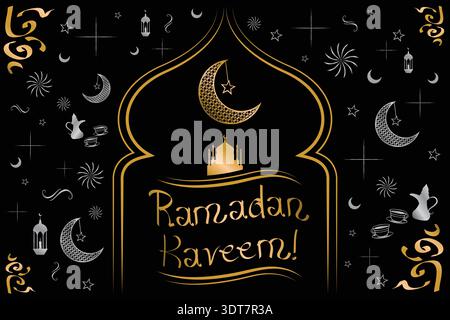 Ramadan Kareem Luxury Black and Gold Greeting with Ornaments - vector illustration Stock Vector