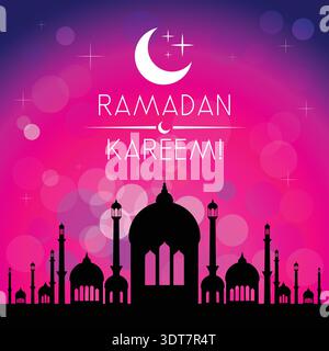 Ramadan Kareem Greeting Card with Pink Bokeh and Mosque - vector illustration Stock Vector