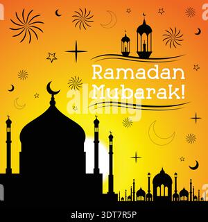 Ramadan Mubarak Card with Yellow Gradient and Mosque Silhouette - vector illustration Stock Vector