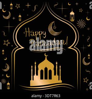 Happy Ramadan Elegant Gold and Black Card with Mosque Outline - vector illustration Stock Vector