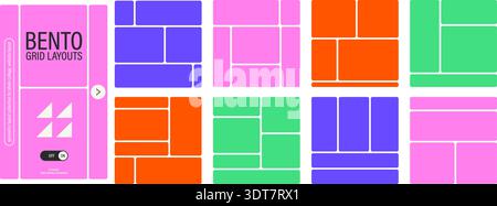 Bento grid style web layout collection. Abstract geometric tiles with rounded edges for mood boards, galleries and social media banners Stock Vector