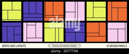 Bento style grid layouts. Asymmetric panels for modern web design. Flexible UI template set Stock Vector