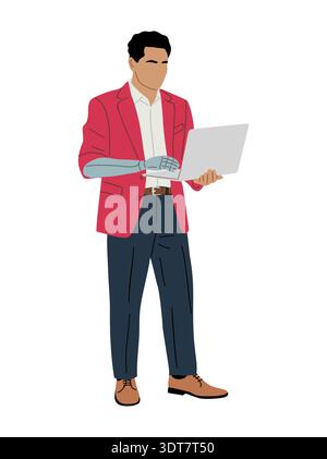 Business man with a robotic arm using a laptop Stock Vector